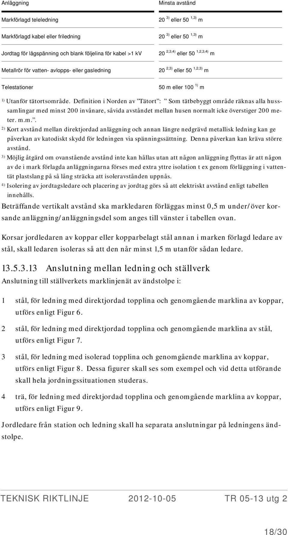 Definition i Norden av Tätort : Som tätbebyggt område räknas alla husssamlingar med minst 200 invånare, såvida avståndet mellan husen normalt icke överstiger 200 meter. m.m.. 2) Kort avstånd mellan direktjordad anläggning och annan längre nedgrävd metallisk ledning kan ge påverkan av katodiskt skydd för ledningen via spänningssättning.