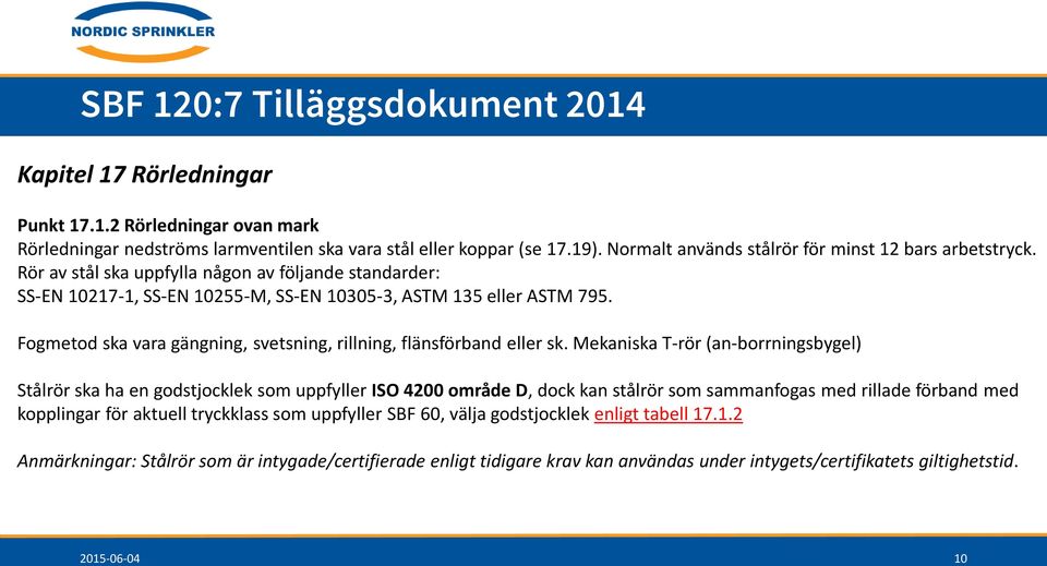 Fogmetod ska vara gängning, svetsning, rillning, flänsförband eller sk.