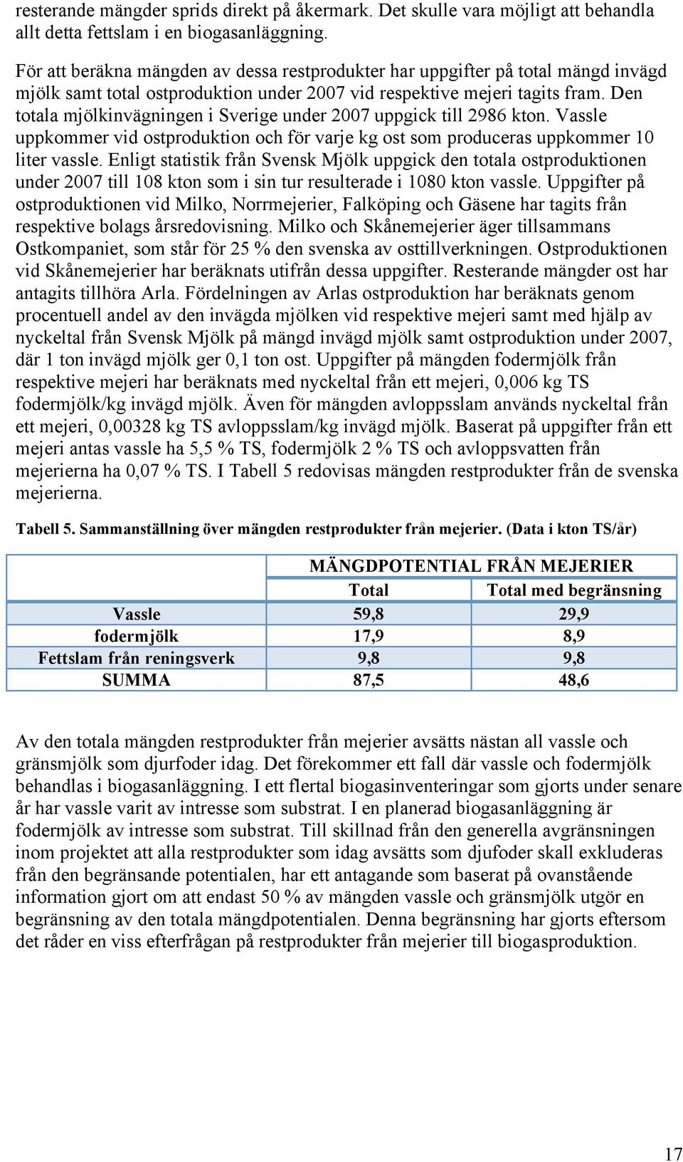 Den totala mjölkinvägningen i Sverige under 2007 uppgick till 2986 kton. Vassle uppkommer vid ostproduktion och för varje kg ost som produceras uppkommer 10 liter vassle.