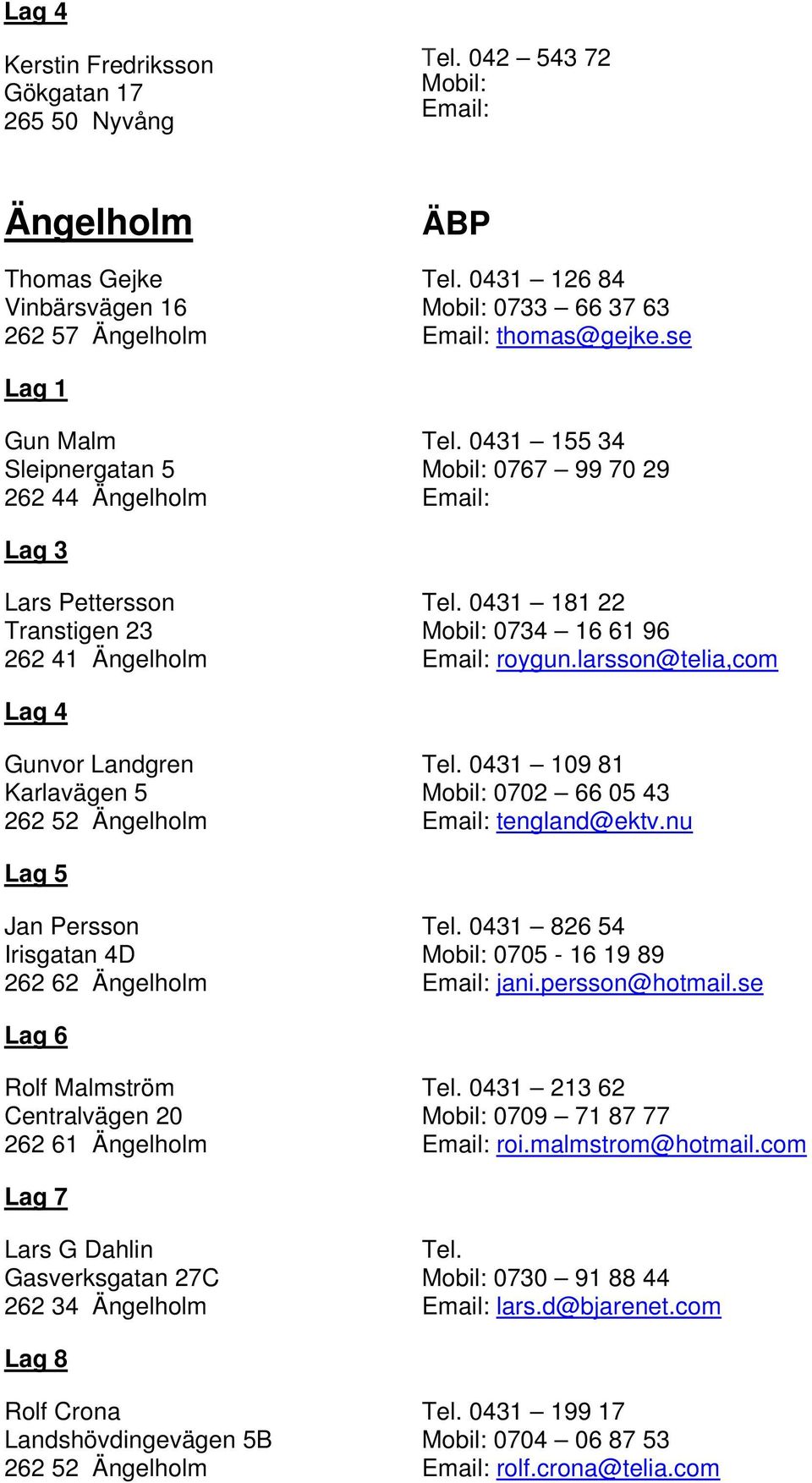 larsson@telia,com Gunvor Landgren Karlavägen 5 262 52 Ängelholm 0431 109 81 0702 66 05 43 tengland@ektv.nu Jan Persson Irisgatan 4D 262 62 Ängelholm 0431 826 54 0705-16 19 89 jani.persson@hotmail.