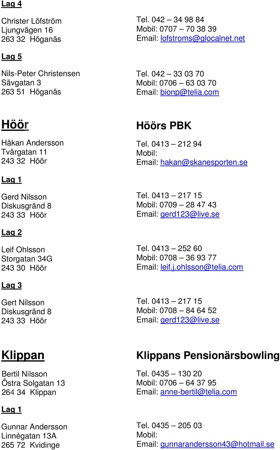 se Leif Ohlsson Storgatan 34G 243 30 Höör 0413 252 60 0708 36 93 77 leif.j.ohlsson@telia.com Gert Nilsson Diskusgränd 8 243 33 Höör 0413 217 15 0708 84 64 52 gerd123@live.