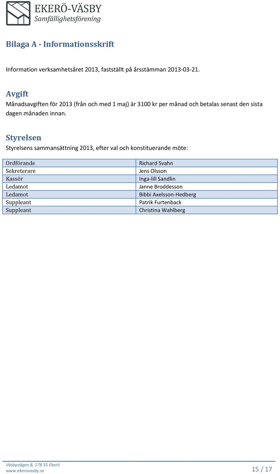 Styrelsen Styrelsens sammansättning 2013, efter val och konstituerande möte: Ordförande Sekreterare Kassör Ledamot Ledamot