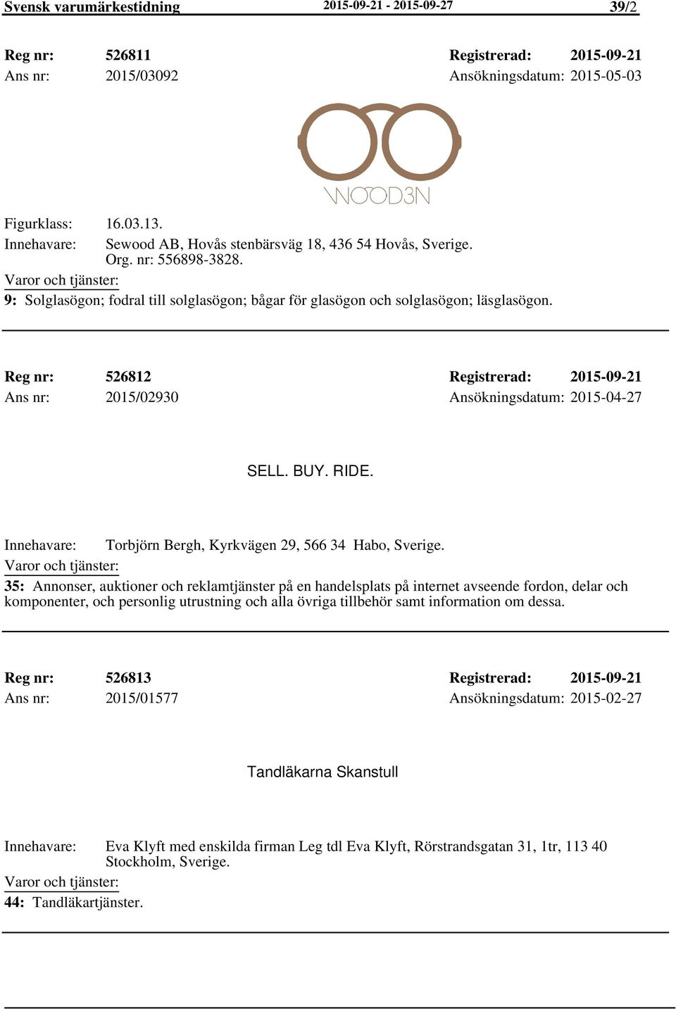 Reg nr: 526812 Registrerad: 2015-09-21 Ans nr: 2015/02930 Ansökningsdatum: 2015-04-27 SELL. BUY. RIDE.