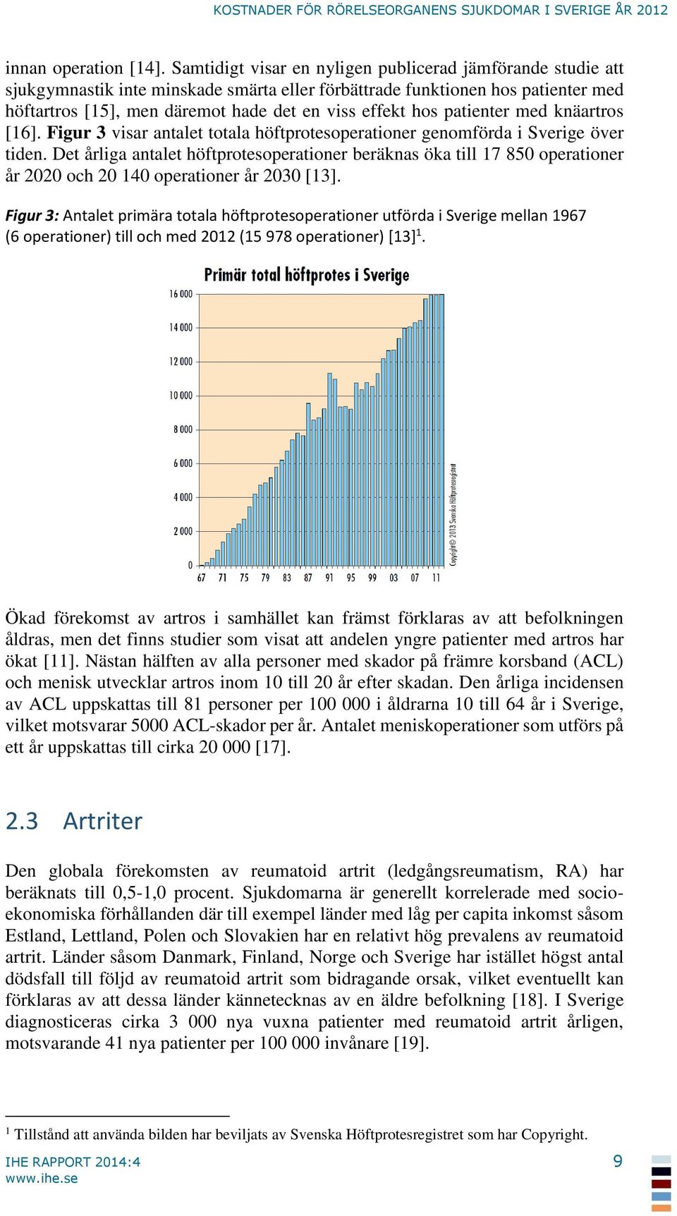 patienter med knäartros [16]. Figur 3 visar antalet totala höftprotesoperationer genomförda i Sverige över tiden.