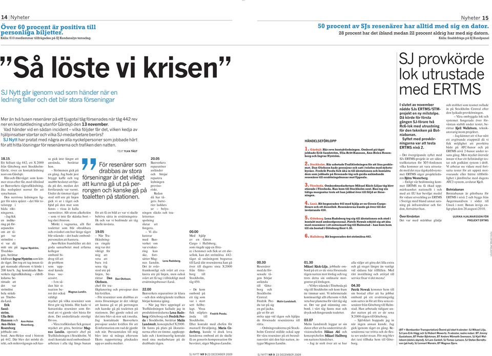 Källa: Snabbfråga på SJ Kundpanel Så löste vi krisen SJ Nytt går igenom vad som händer när en ledning faller och det blir stora förseningar Mer än två tusen resenärer på ett tjugotal tåg försenades