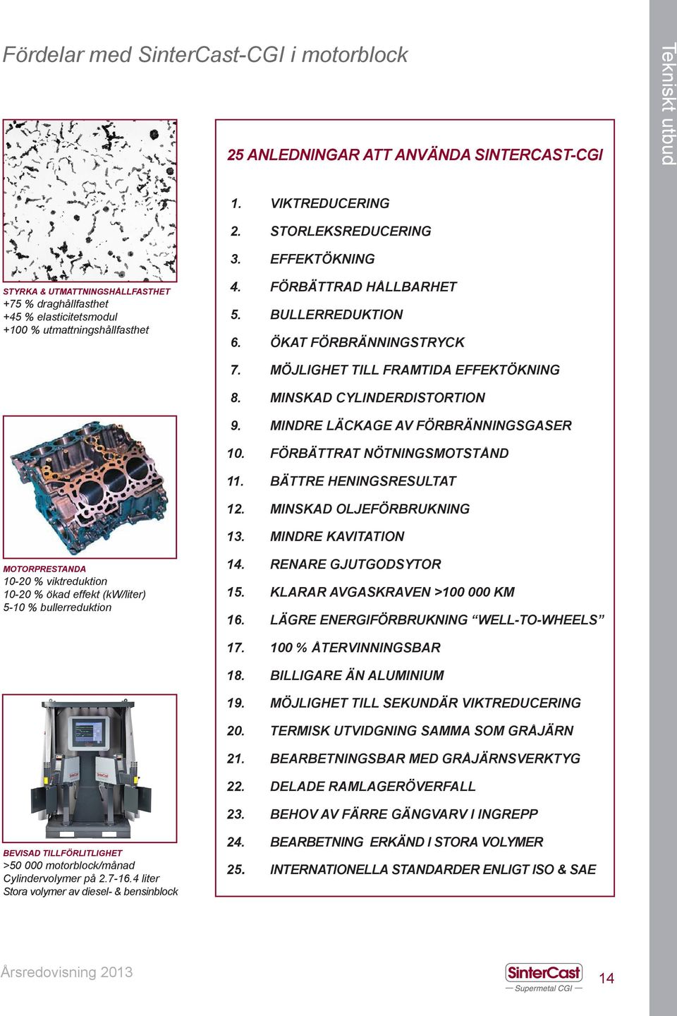 MÖJLIGHET TILL FRAMTIDA EFFEKTÖKNING 8. MINSKAD CYLINDERDISTORTION 9. MINDRE LÄCKAGE AV FÖRBRÄNNINGSGASER 10. FÖRBÄTTRAT NÖTNINGSMOTSTÅND 11. BÄTTRE HENINGSRESULTAT 12. MINSKAD OLJEFÖRBRUKNING 13.