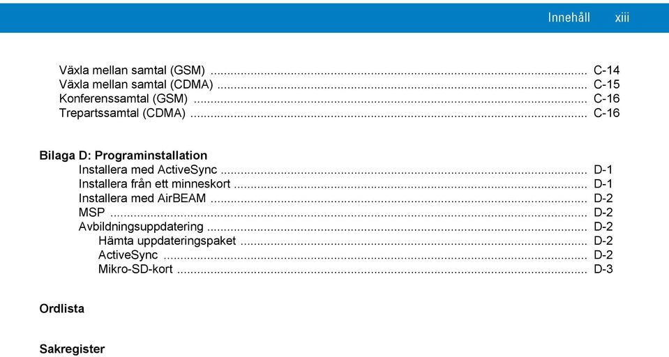 .. C-16 Bilaga D: Programinstallation Installera med ActiveSync... D-1 Installera från ett minneskort.