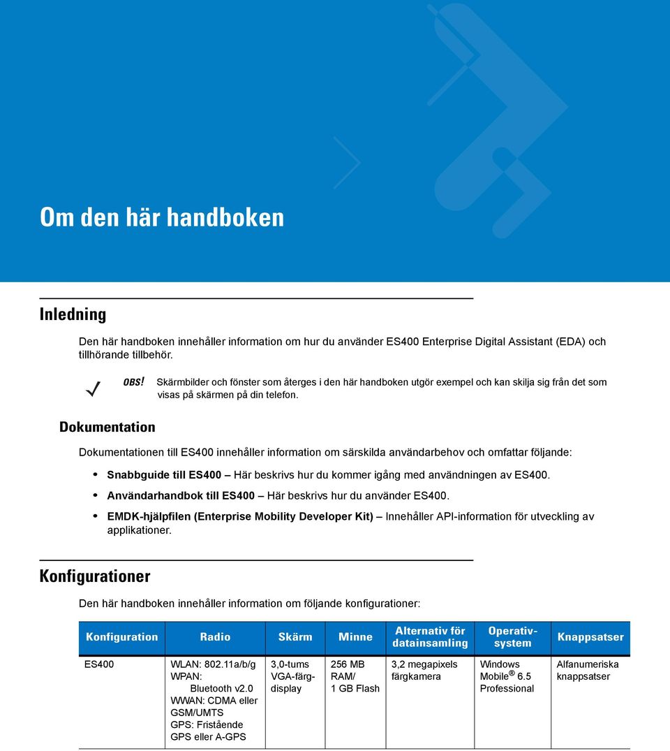 Dokumentation Dokumentationen till ES400 innehåller information om särskilda användarbehov och omfattar följande: Snabbguide till ES400 Här beskrivs hur du kommer igång med användningen av ES400.