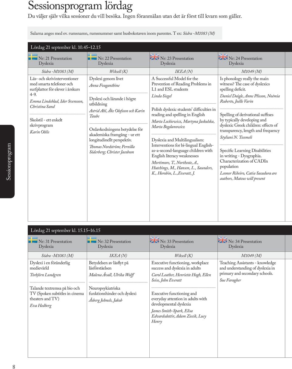 15 Sessionsprogram Nr: 21 Presentation Nr: 22 Presentation Nr: 23 Presentation Nr: 24 Presentation Södra -M1083 (M) Wiksell (K) IKEA (N) M1049 (M) Dyslexi genom livet A Successful Model for the Is