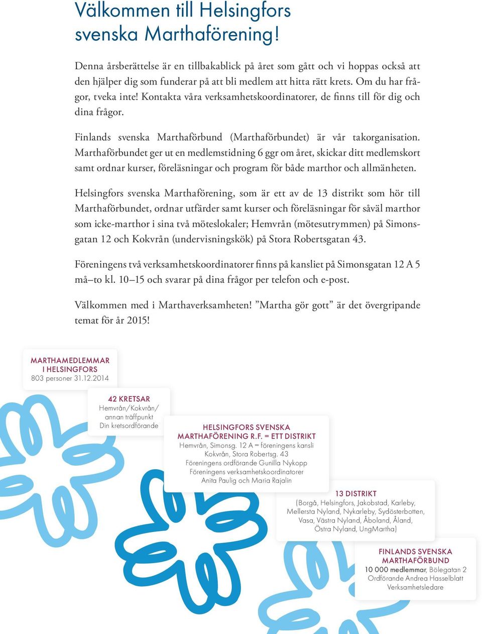 Marthaförbundet ger ut en medlemstidning 6 ggr om året, skickar ditt medlemskort samt ordnar kurser, föreläsningar och program för både marthor och allmänheten.