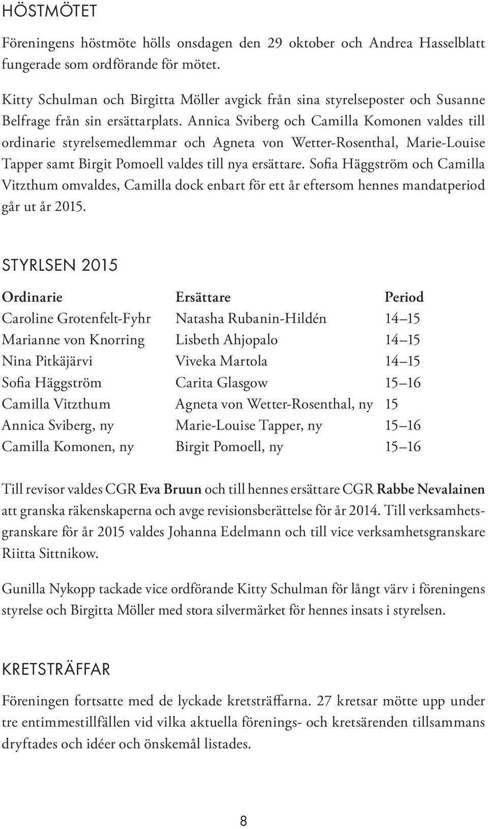 Annica Sviberg och Camilla Komonen valdes till ordinarie styrelsemedlemmar och Agneta von Wetter-Rosenthal, Marie-Louise Tapper samt Birgit Pomoell valdes till nya ersättare.