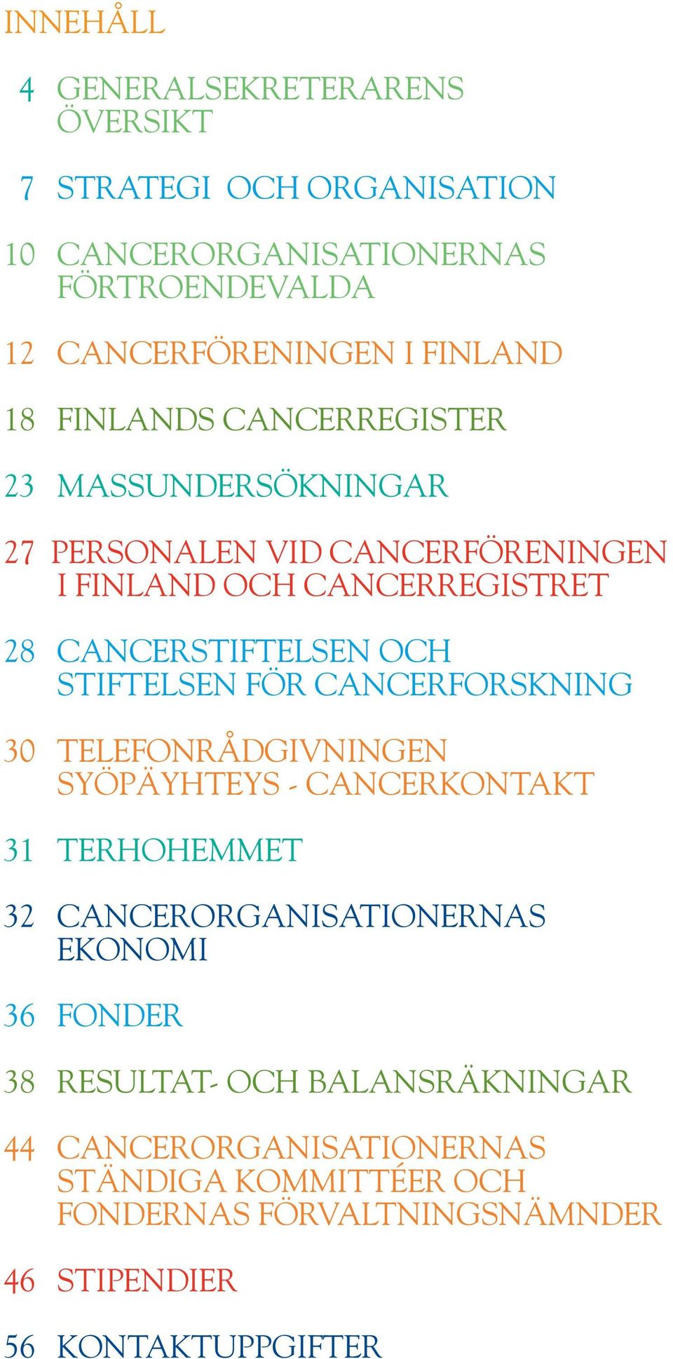 STIFTELSEN FÖR CANCERFORSKNING 30 TELEFONRÅDGIVNINGEN SYÖPÄYHTEYS - CANCERKONTAKT 31 TERHOHEMMET 32 CANCERORGANISATIONERNAS EKONOMI 36 FONDER