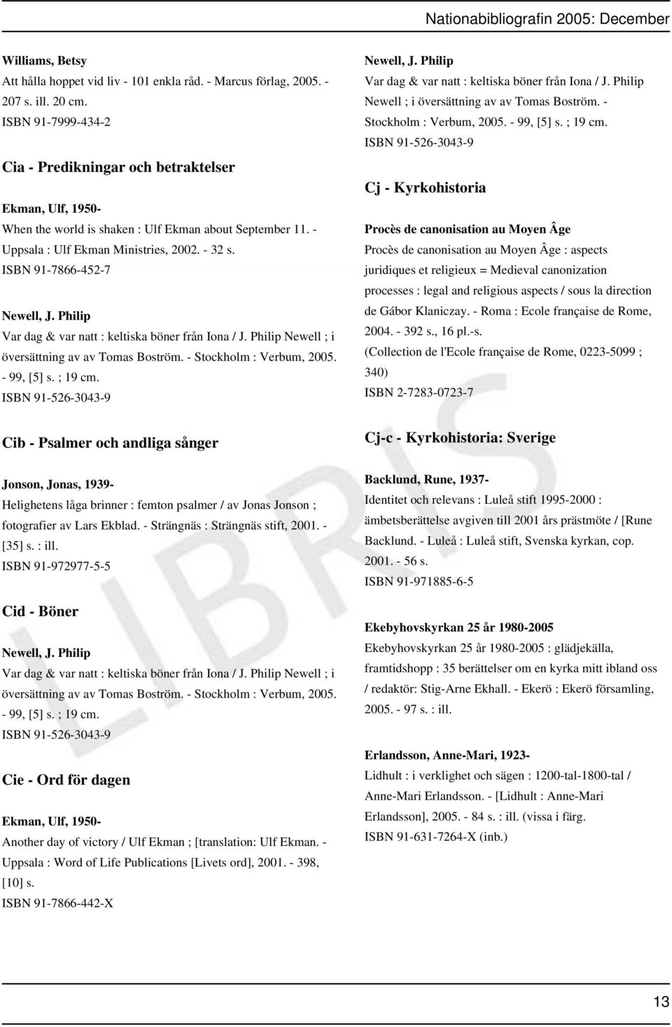 ISBN 91-7866-452-7 Newell, J. Philip Var dag & var natt : keltiska böner från Iona / J. Philip Newell ; i översättning av av Tomas Boström. - Stockholm : Verbum, 2005. - 99, [5] s. ; 19 cm.