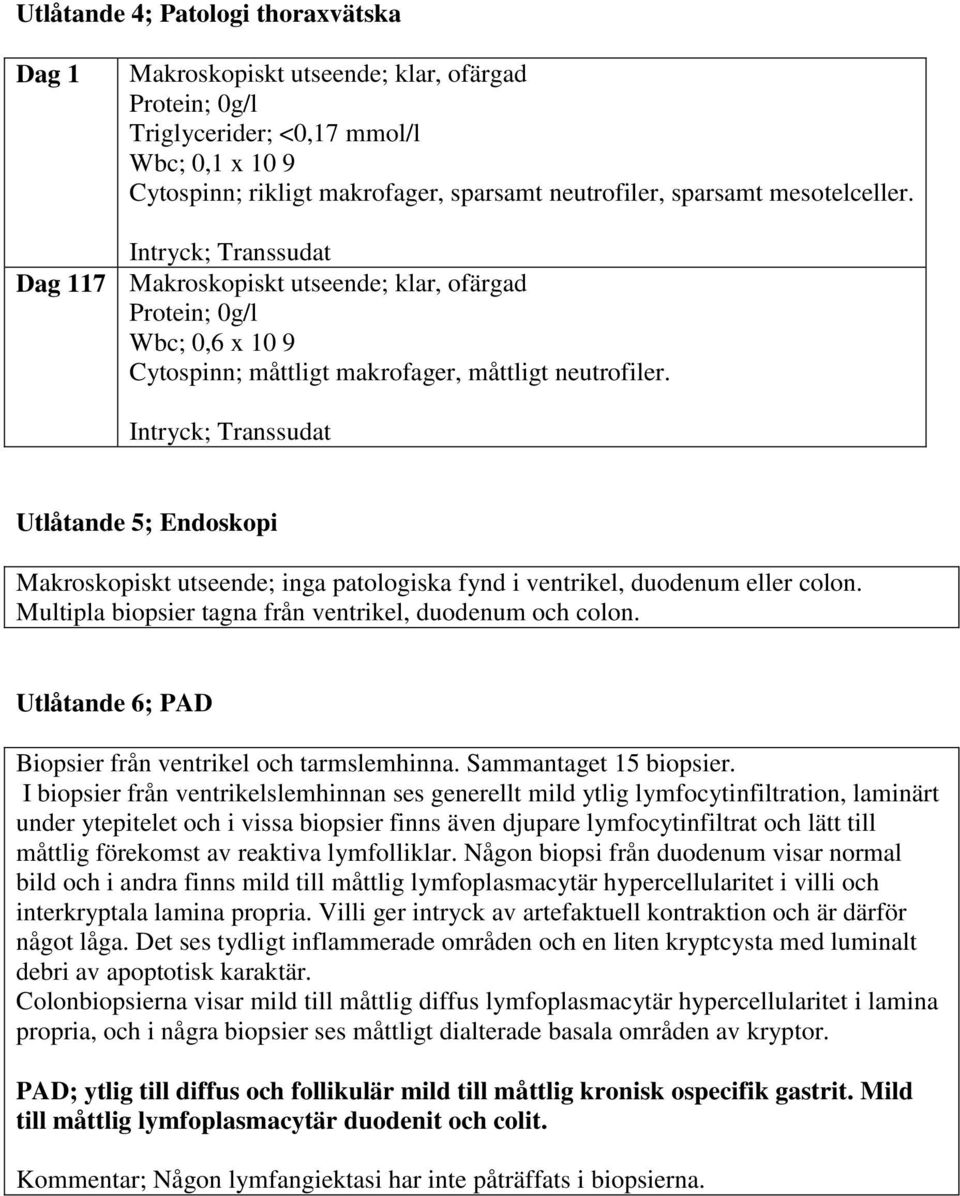 Intryck; Transsudat Utlåtande 5; Endoskopi Makroskopiskt utseende; inga patologiska fynd i ventrikel, duodenum eller colon. Multipla biopsier tagna från ventrikel, duodenum och colon.