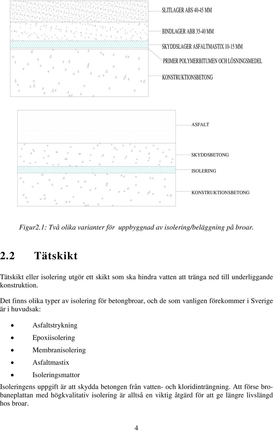 Det finns olika typer av isolering för betongbroar, och de som vanligen förekommer i Sverige är i huvudsak: Asfaltstrykning Epoxiisolering Membranisolering Asfaltmastix Isoleringsmattor