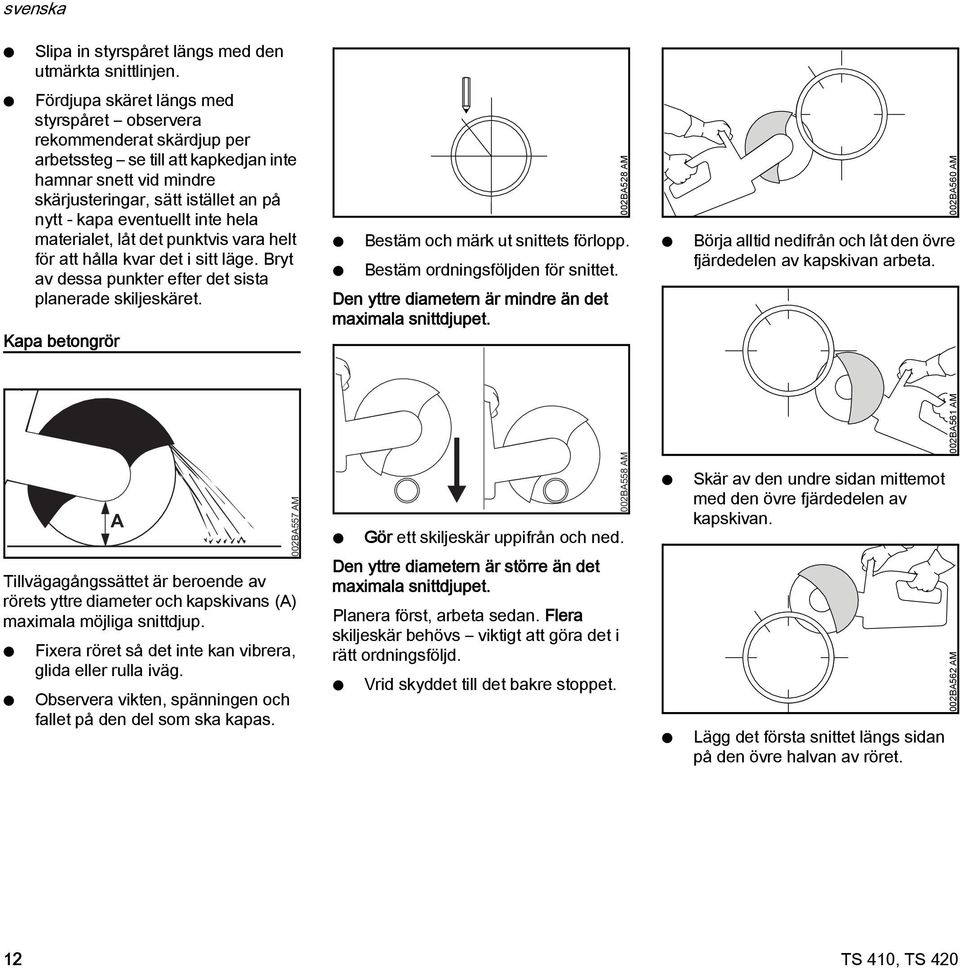 inte hela materialet, låt det punktvis vara helt för att hålla kvar det i sitt läge. Bryt av dessa punkter efter det sista planerade skiljeskäret. Kapa betongrör Bestäm och märk ut snittets förlopp.