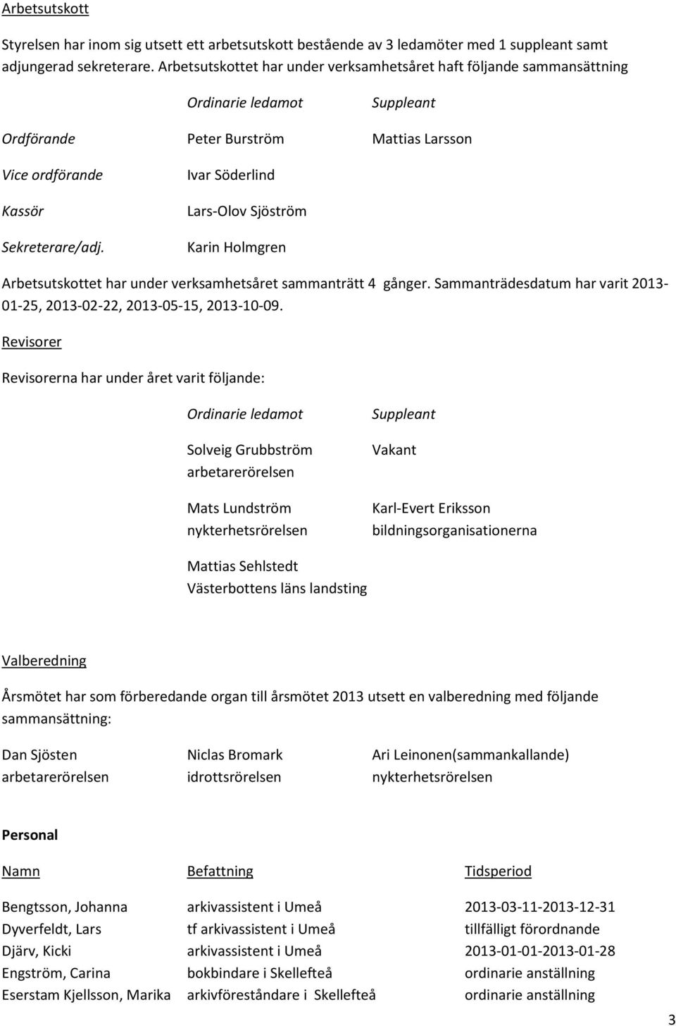 Ivar Söderlind Lars-Olov Sjöström Karin Holmgren Arbetsutskottet har under verksamhetsåret sammanträtt 4 gånger. Sammanträdesdatum har varit 2013-01-25, 2013-02-22, 2013-05-15, 2013-10-09.