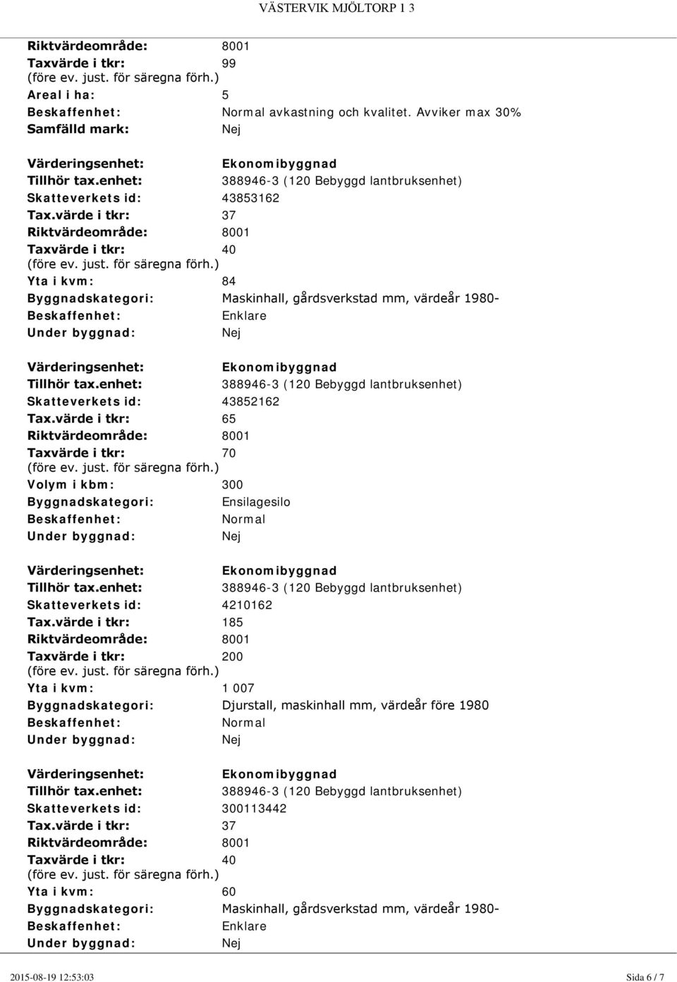 enhet: 388946-3 ( Bebyggd lantbruksenhet) Skatteverkets id: 438362 Tax.värde i tkr: 37 Riktvärdeområde: 800 Taxvärde i tkr: (före ev. just. för säregna förh.