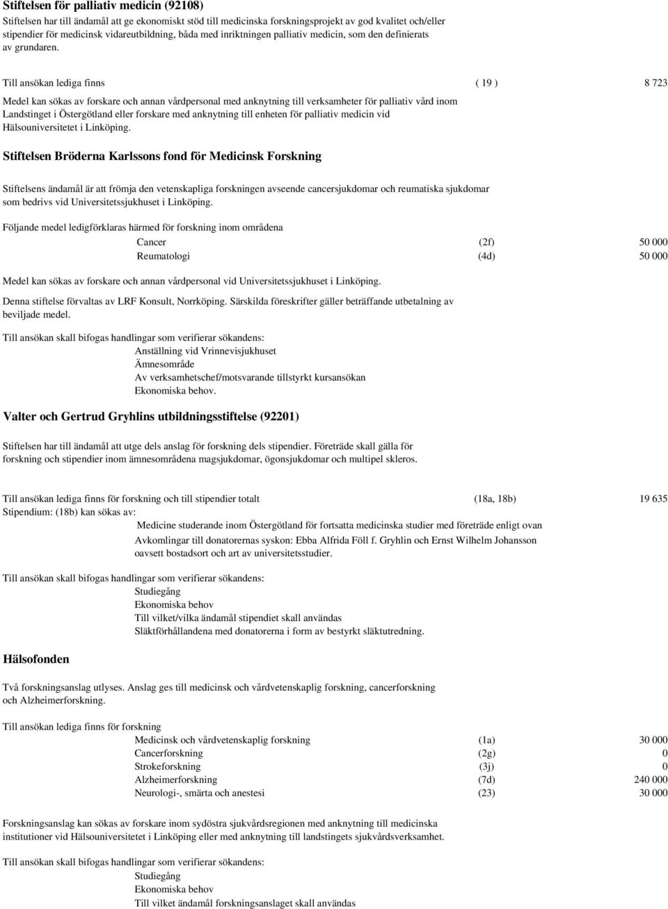 Till ansökan lediga finns ( 19 ) 8 723 Medel kan sökas av forskare och annan vårdpersonal med anknytning till verksamheter för palliativ vård inom Landstinget i Östergötland eller forskare med