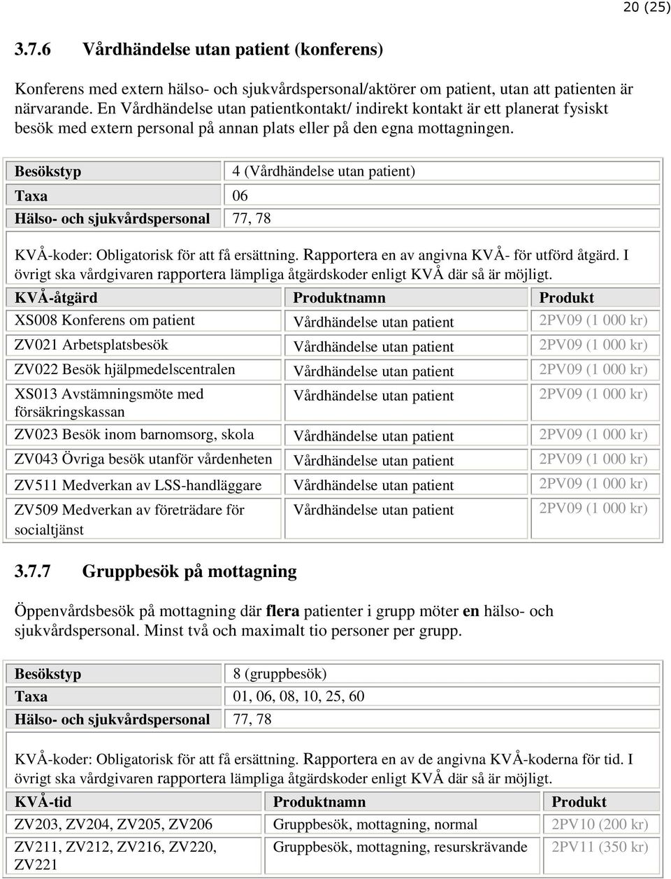 Besökstyp Taxa 06 Hälso- och sjukvårdspersonal 77, 78 4 (Vårdhändelse utan patient) KVÅ-koder: Obligatorisk för att få ersättning. Rapportera en av angivna KVÅ- för utförd åtgärd.