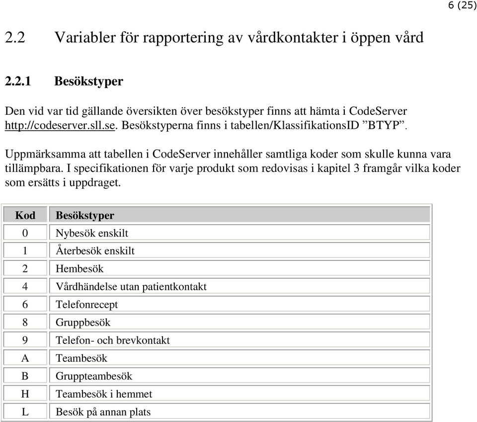 I specifikationen för varje produkt som redovisas i kapitel 3 framgår vilka koder som ersätts i uppdraget.