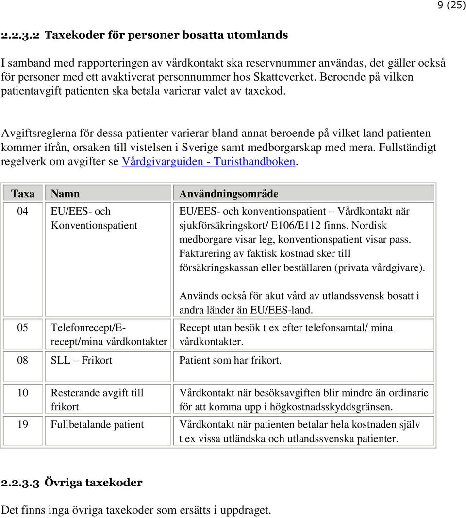 Beroende på vilken patientavgift patienten ska betala varierar valet av taxekod.