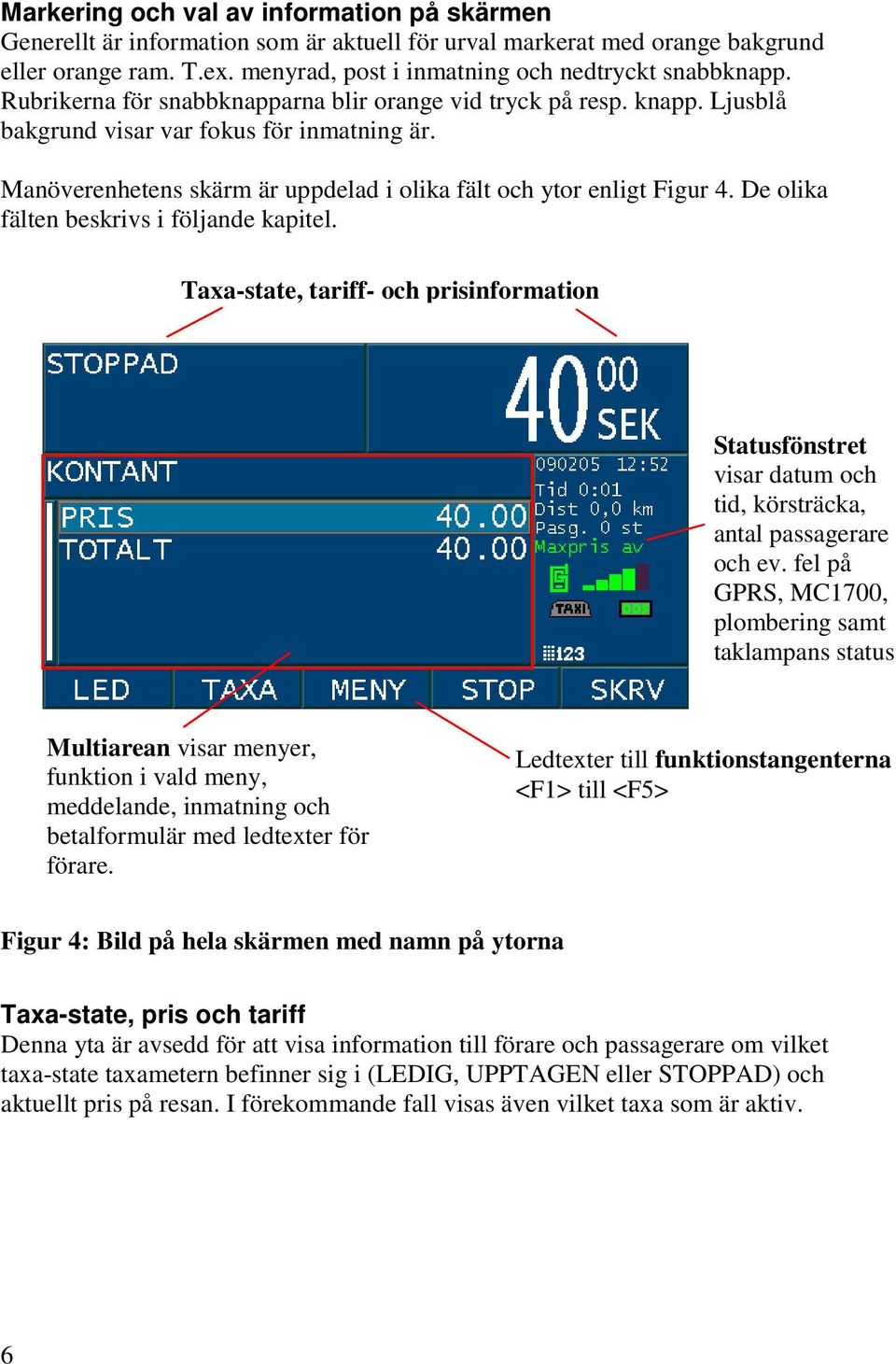 De olika fälten beskrivs i följande kapitel. Taxa-state, tariff- och prisinformation Statusfönstret visar datum och tid, körsträcka, antal passagerare och ev.