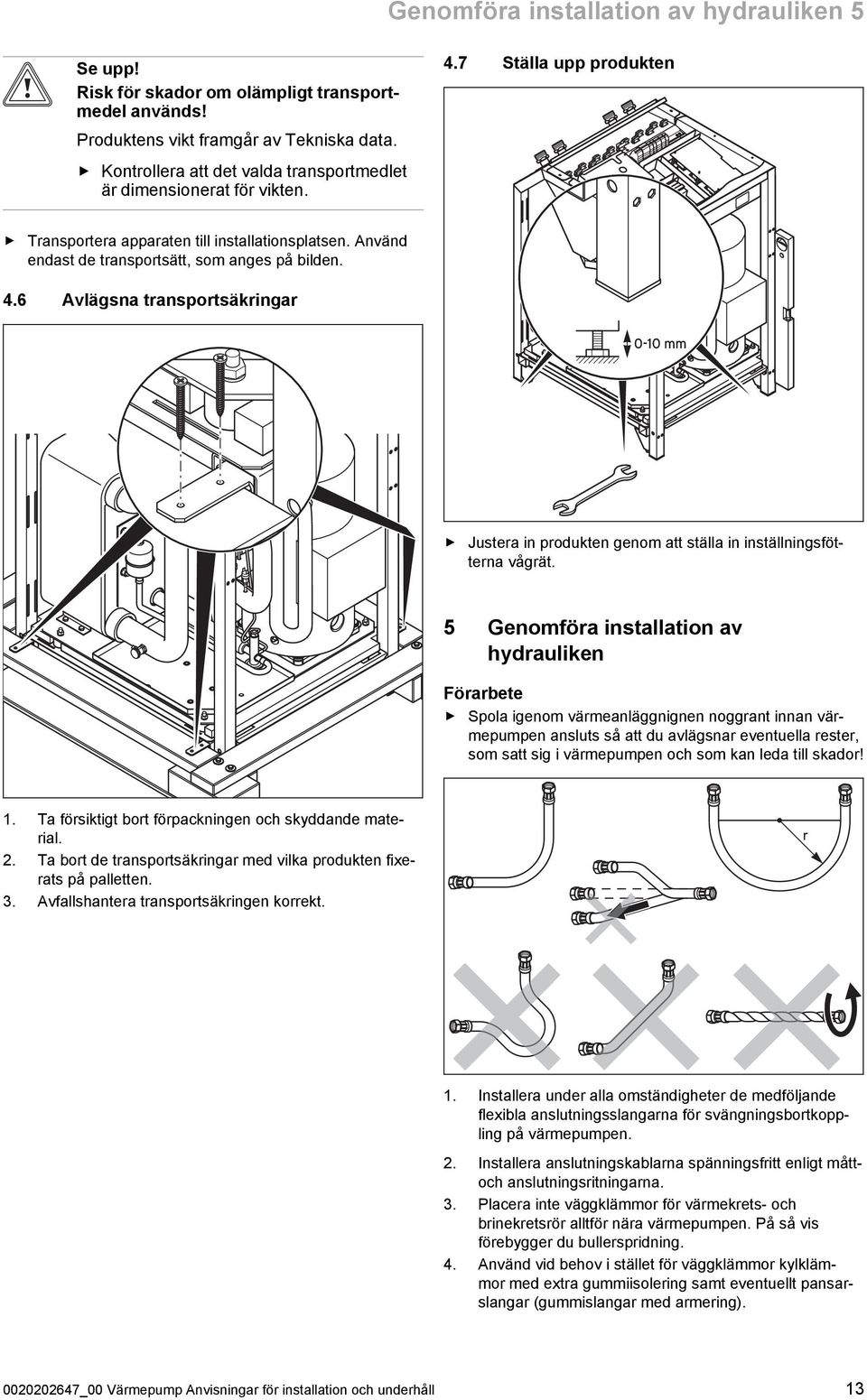 4.6 Avlägsna transportsäkringar 0-10 mm Justera in produkten genom att ställa in inställningsföt terna vågrät.