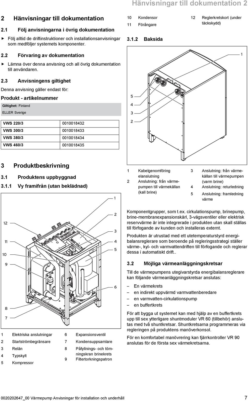 . Förvaring av dokumentation Lämna över denna anvisning och all övrig dokumentation till användaren. 10 Kondensor 11 Förångare.1. Baksida 1 Reglerkretskort (under täckskydd) 1.