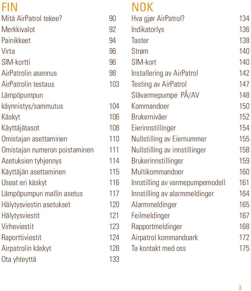 Omistajan numeron poistaminen 111 Asetuksien tyhjennys 114 Käyttäjän asettaminen 115 Useat eri käskyt 116 Lämpöpumpun mallin asetus 117 Hälytysviestin asetukset 120 Hälytysviestit 121 Virheviestit