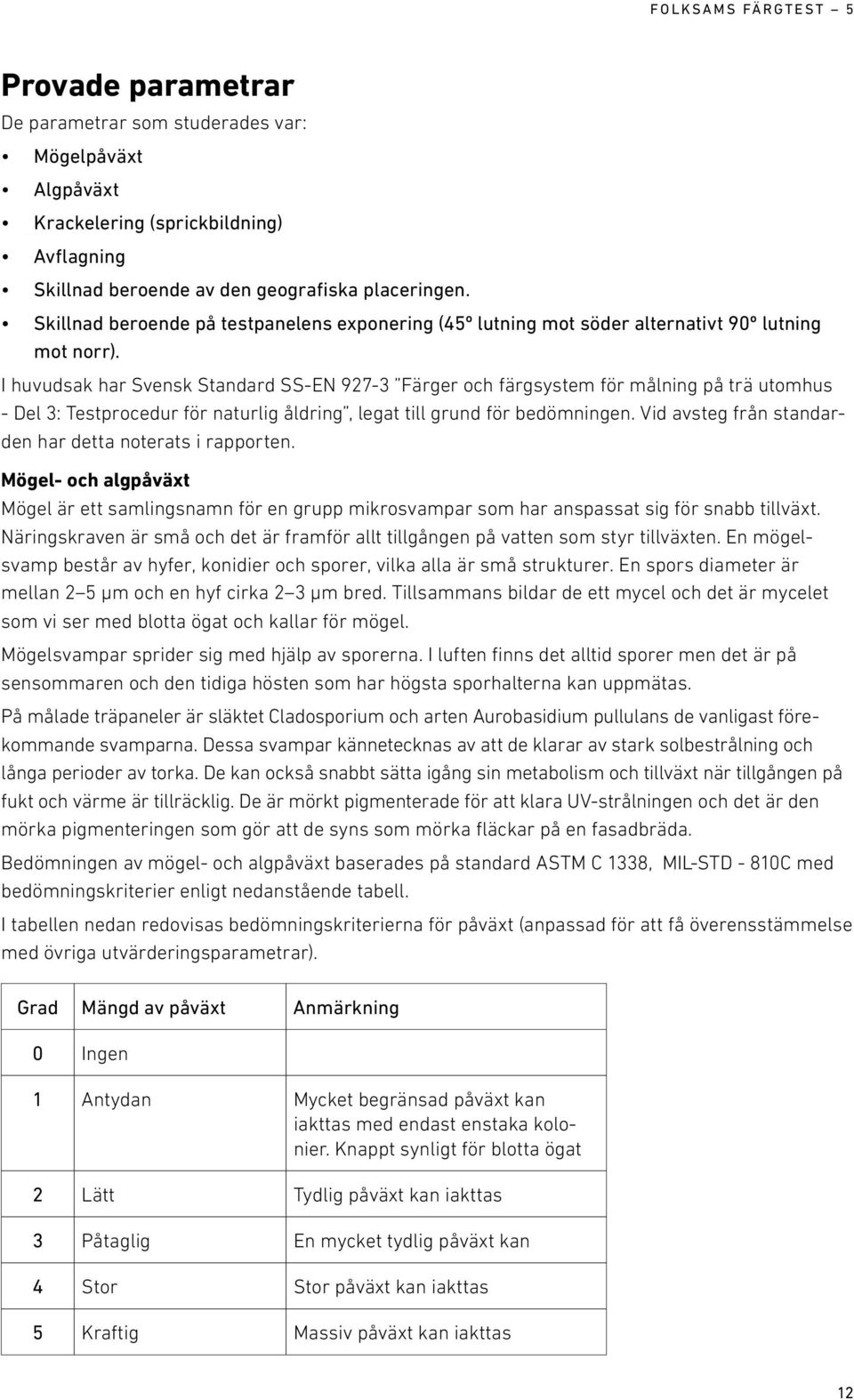 I huvudsak har Svensk Standard SS-EN 927-3 Färger och färgsystem för målning på trä utomhus - Del 3: Testprocedur för naturlig åldring, legat till grund för bedömningen.