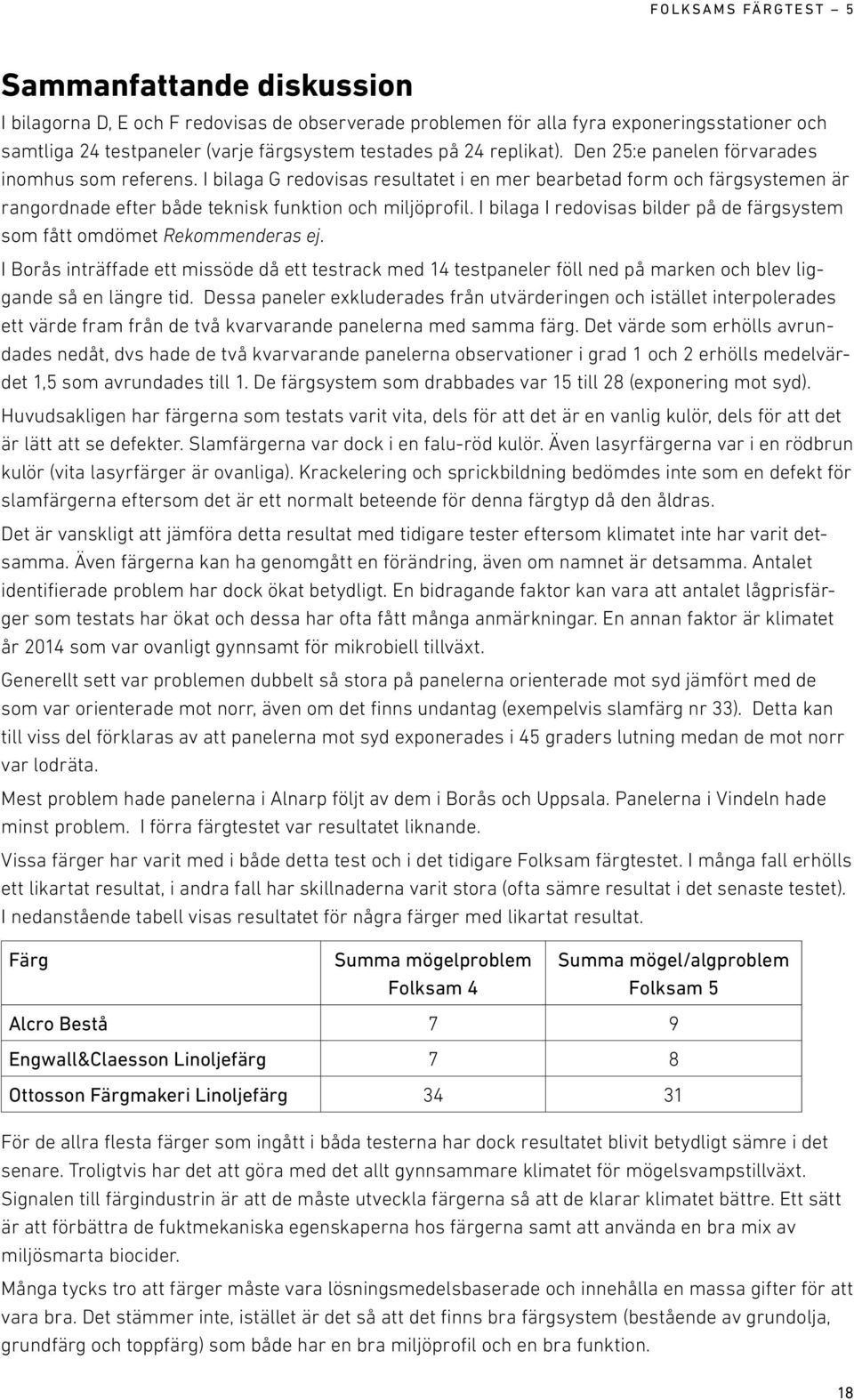 I bilaga I redovisas bilder på de färgsystem som fått omdömet Rekommenderas ej. I Borås inträffade ett missöde då ett testrack med 14 testpaneler föll ned på marken och blev liggande så en längre tid.