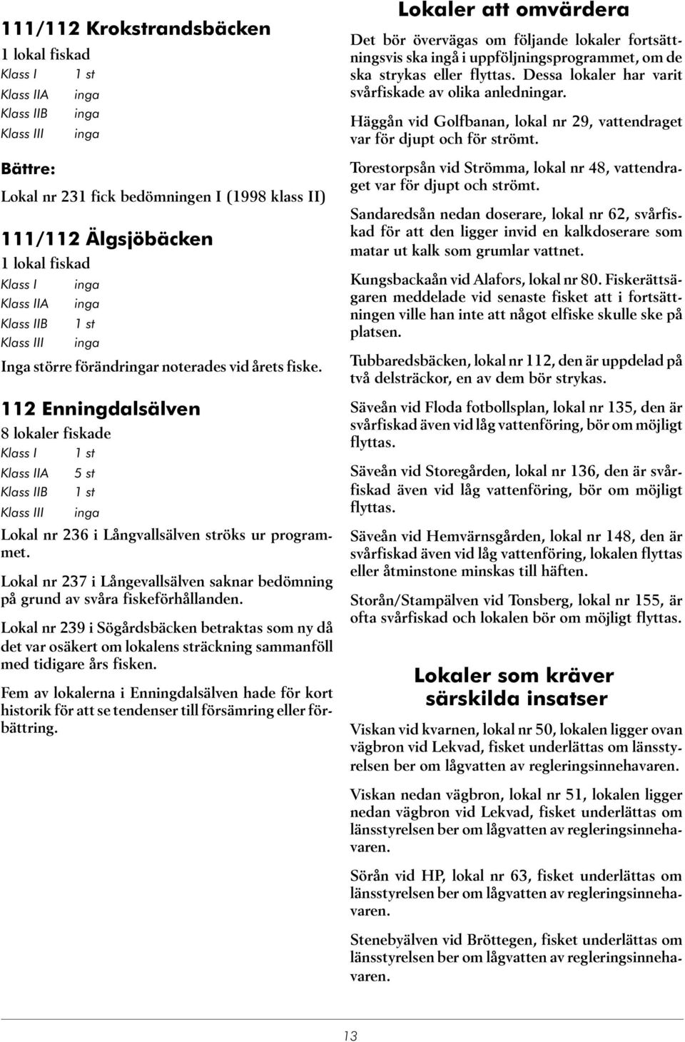 112 Enningdalsälven 8 lokaler fiskade Klass I 1 st Klass IIA 5 st Klass IIB 1 st Klass III inga Lokal nr 236 i Långvallsälven ströks ur programmet.