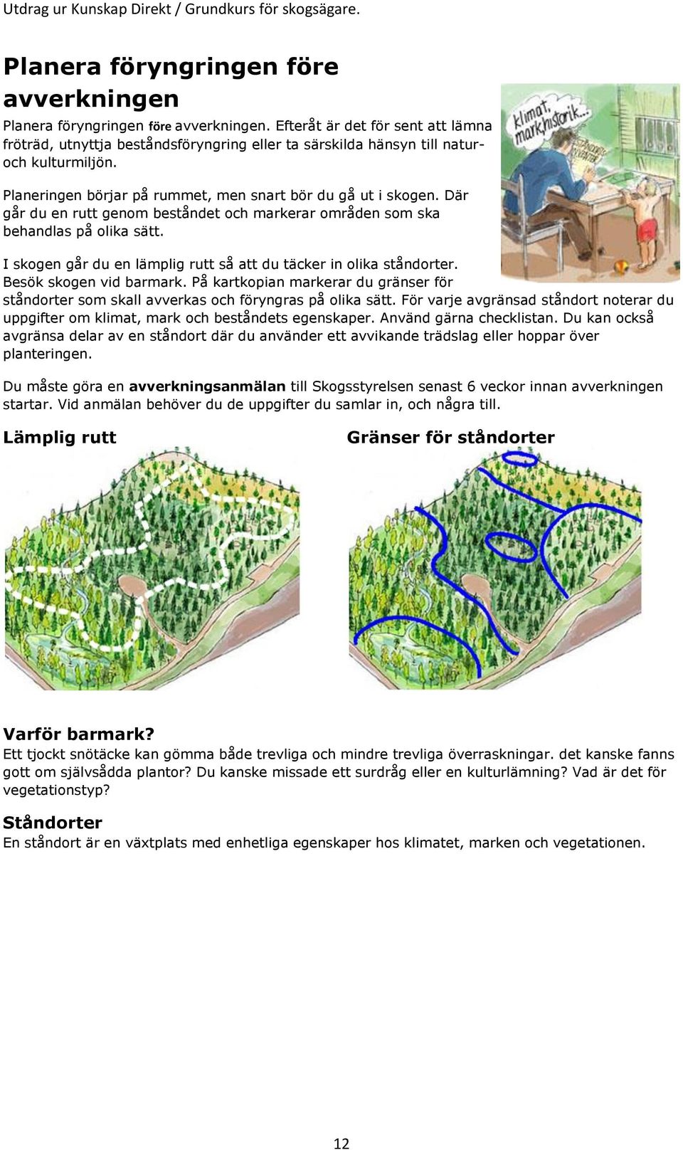 Där går du en rutt genom beståndet och markerar områden som ska behandlas på olika sätt. I skogen går du en lämplig rutt så att du täcker in olika ståndorter. Besök skogen vid barmark.