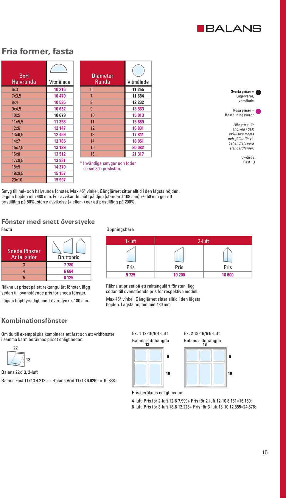 sid 30 i prislistan. Svarta priser = Lagervaror, vitmålade U-värde: Öppningsbart Fast 1,2 1,1 Fast 1,1 Smyg till hel- och halvrunda fönster. Max 45 vinkel.