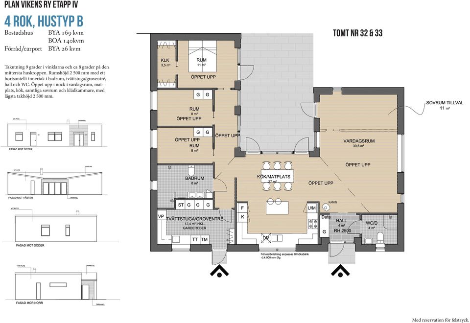 Rumshöjd 2 500 mm med ett horisontellt innertak i badrum, tvättstuga/groventré, hall och WC.