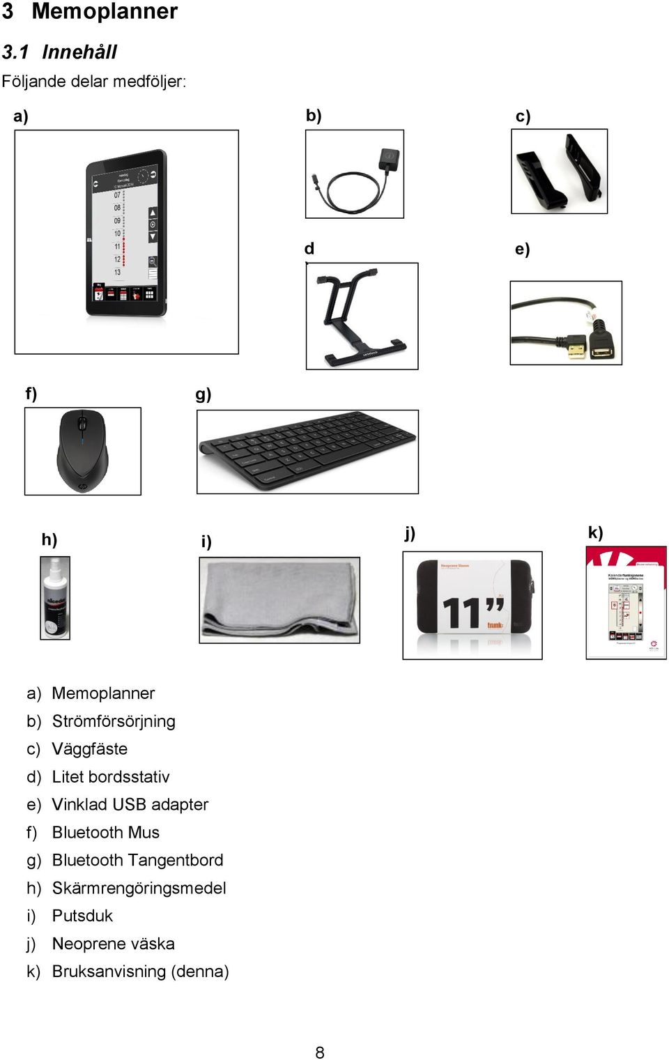 Memoplanner b) Strömförsörjning c) Väggfäste d) Litet bordsstativ e)