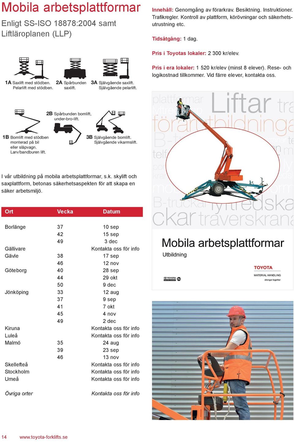 1B Bomlift med stödben Självgående pelarlift. monterad på bil eller släpvagn. Larv/bandburen lift. Pris i Toyotas lokaler: 2 300 kr/elev. 2B Spårbunden bomlift, under-bro-lift.