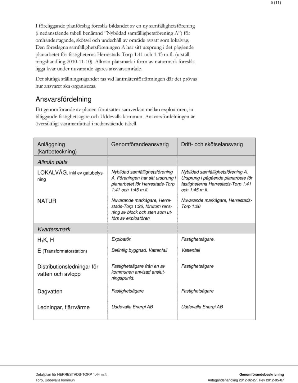 (utställningshandling 2010-11-10). Allmän platsmark i form av naturmark föreslås ligga kvar under nuvarande ägares ansvarsområde.