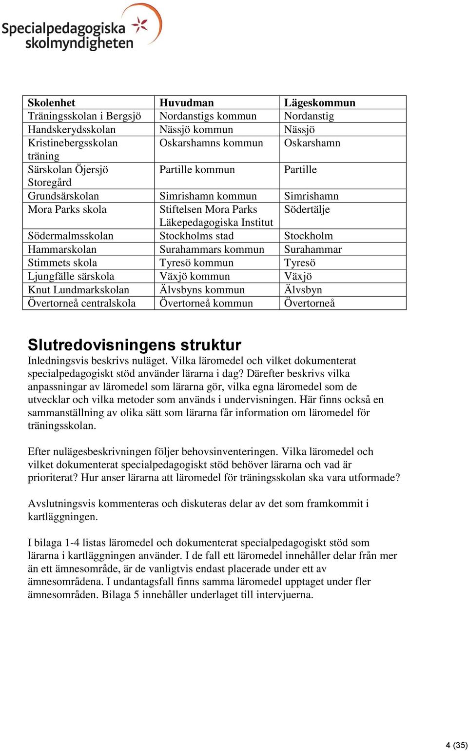 Stockholm Hammarskolan Surahammars kommun Surahammar Stimmets skola Tyresö kommun Tyresö Ljungfälle särskola Växjö kommun Växjö Knut Lundmarkskolan Älvsbyns kommun Älvsbyn Övertorneå centralskola