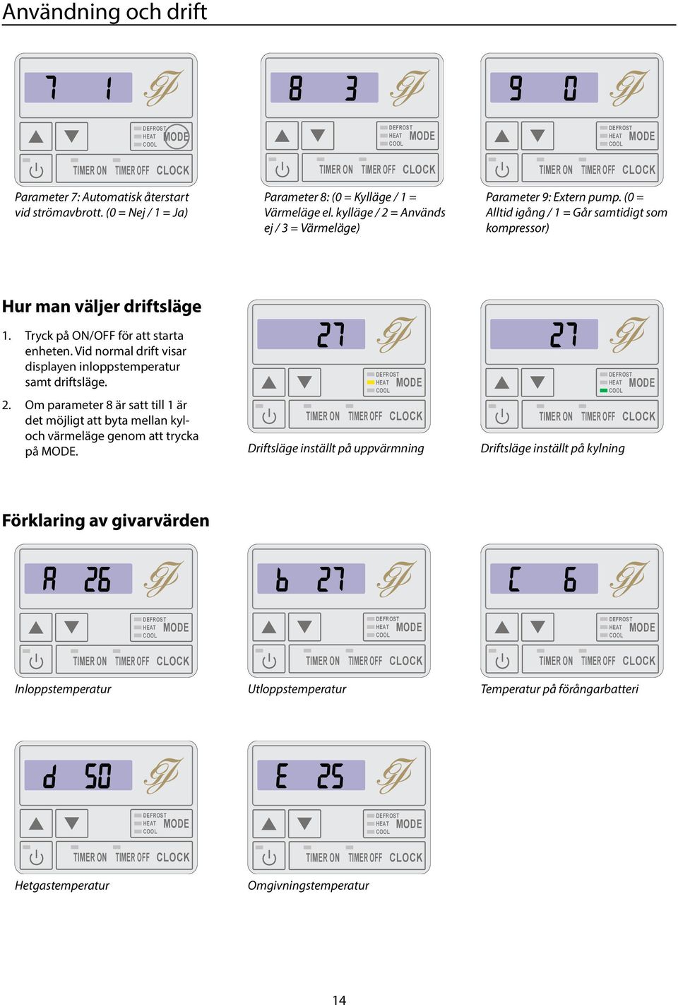 Vid normal drift visar displayen inloppstemperatur samt driftsläge. 2. Om parameter 8 är satt till 1 är det möjligt att byta mellan kyloch värmeläge genom att trycka på MODE.