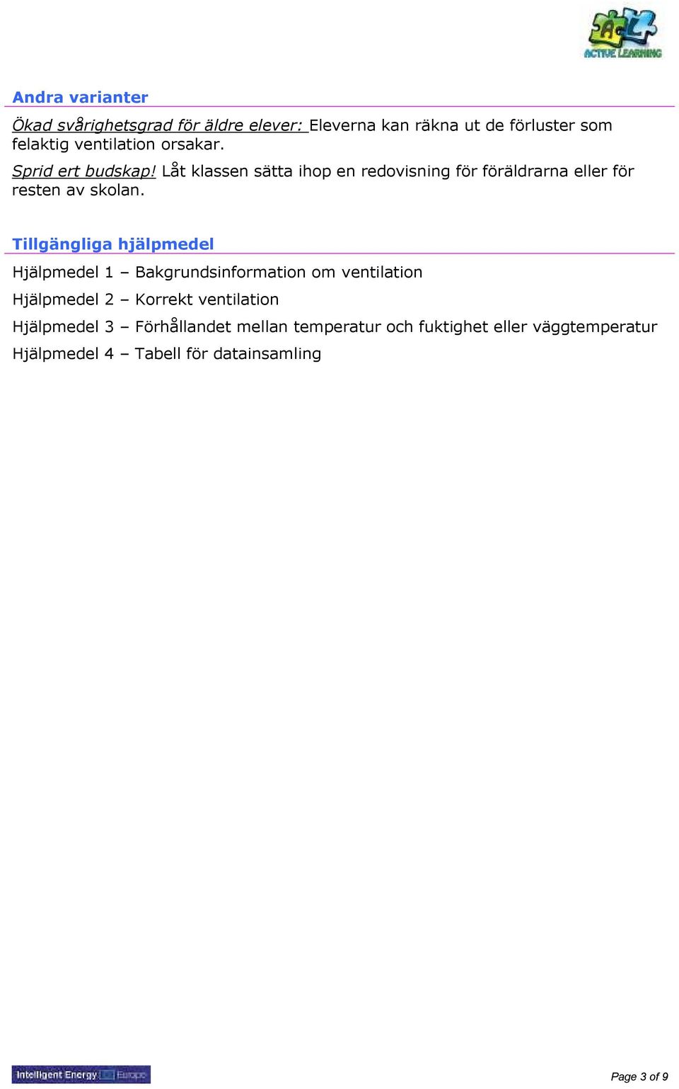 Tillgängliga hjälpmedel Hjälpmedel 1 Bakgrundsinformation om ventilation Hjälpmedel 2 Korrekt ventilation