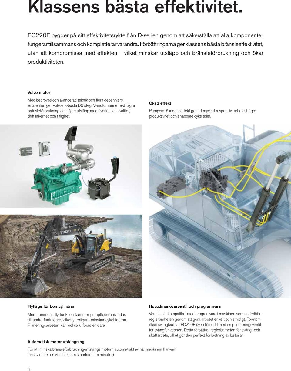 Volvo motor Med beprövad och avancerad teknik och flera decenniers erfarenhet ger Volvos robusta D6 steg IV-motor mer effekt, lägre bränsleförbrukning och lägre utsläpp med överlägsen kvalitet,