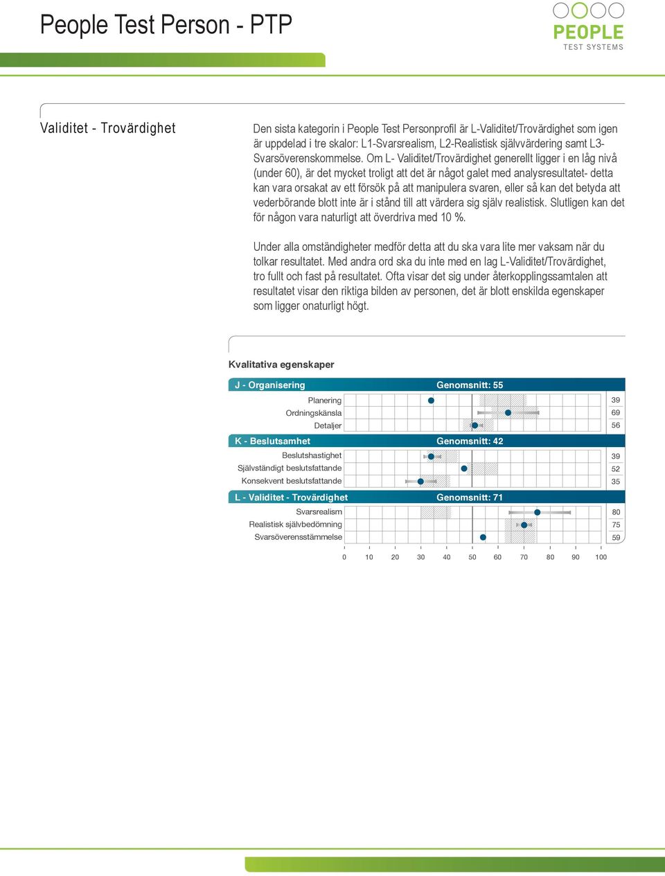 Om L- Validitet/Trovärdighet generellt ligger i en låg nivå (under 60), är det mycket troligt att det är något galet med analysresultatet- detta kan vara orsakat av ett försök på att manipulera