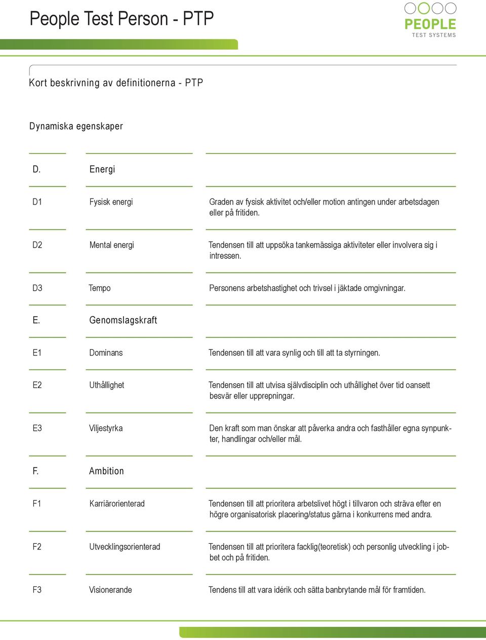 Genomslagskraft E1 Dominans Tendensen till att vara synlig och till att ta styrningen.