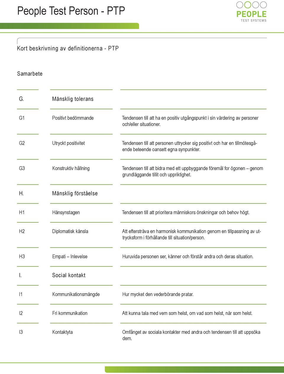 G3 Konstruktiv hållning Tendensen till att bidra med ett uppbyggande föremål for ögonen genom grundläggande tillit och uppriktighet. H.