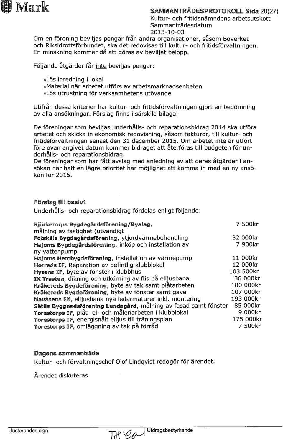 Följande åtgärder får inte beviljas pengar: olös inredning i lokal omaterial när arbetet utförs av arbetsmarknadsenheten olös utrustning för verksamhetens utövande Utifrån dessa kriterier har kultur-