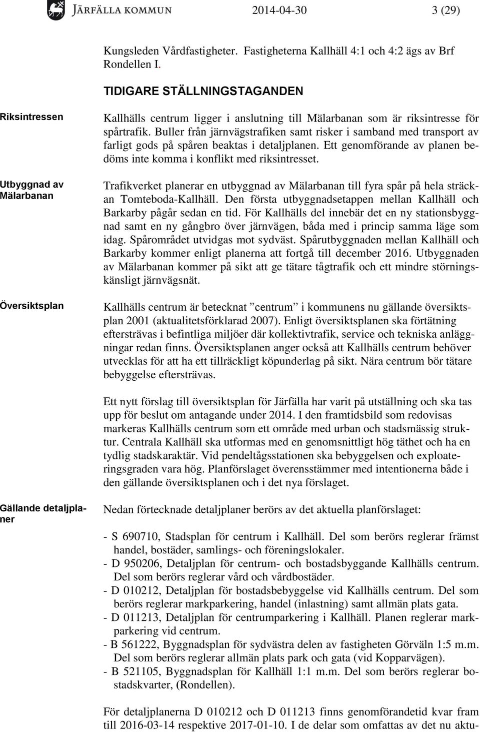 Buller från järnvägstrafiken samt risker i samband med transport av farligt gods på spåren beaktas i detaljplanen. Ett genomförande av planen bedöms inte komma i konflikt med riksintresset.