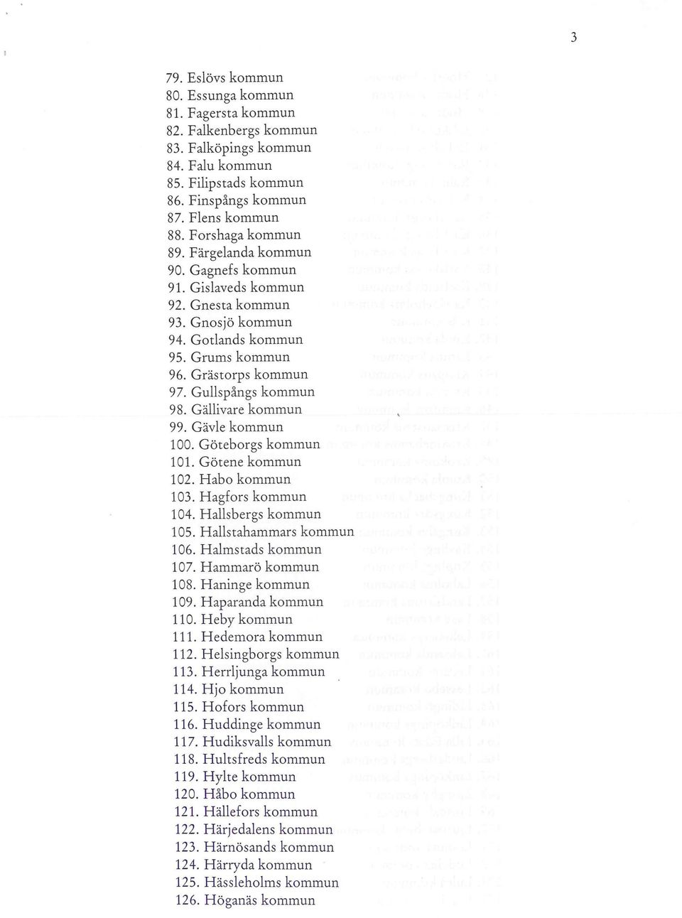 Gällivare kommun 99. Gävle kommun 100. Göteborgs kommun 101. Götene kommun 102. Habo kommun 103. Hagfors kommun 104. Hallsbergs kommun 105. Hallstahammars kommun 106. Halmstads kommun 107.