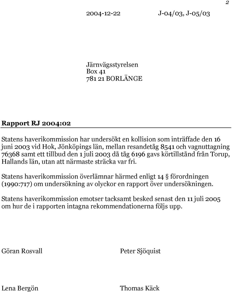 att närmaste sträcka var fri. Statens haverikommission överlämnar härmed enligt 14 förordningen (1990:717) om undersökning av olyckor en rapport över undersökningen.